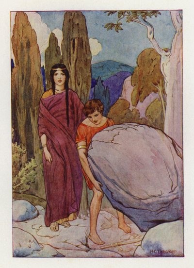 特修斯举起大石头，石头下放着剑和凉鞋（彩色石版画） 作者 哈里·乔治·西克