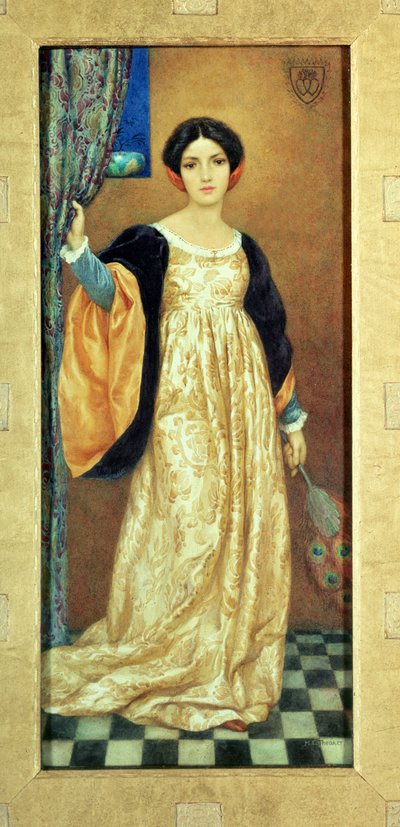 拿着孔雀扇的女人（水彩画） 作者 哈里·乔治·西克