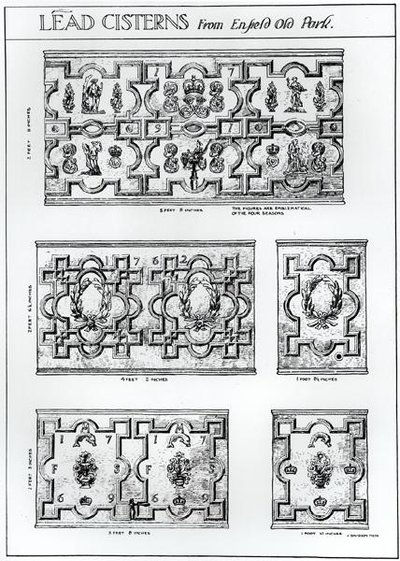 恩菲尔德老公园的铅制蓄水池，约1900年（雕刻）（B/W照片）。 作者 哈里·英戈·特里格斯