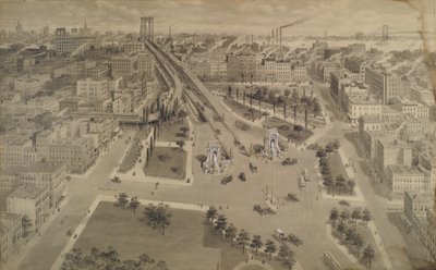 曼哈顿大桥的布鲁克林广场，1917年（印度水墨用不透明的白色触摸） 作者 哈里·佩蒂特