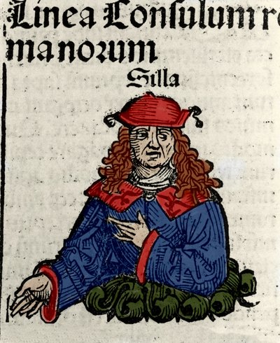 代表罗马政治家 Lucius Cornelius Sulla（Silla 或 Sylla）（公元前 138-68 年） Hartmann Schedel 的“纽伦堡编年史”木版画 作者 哈特曼·谢德尔（Hartmann Schedel）