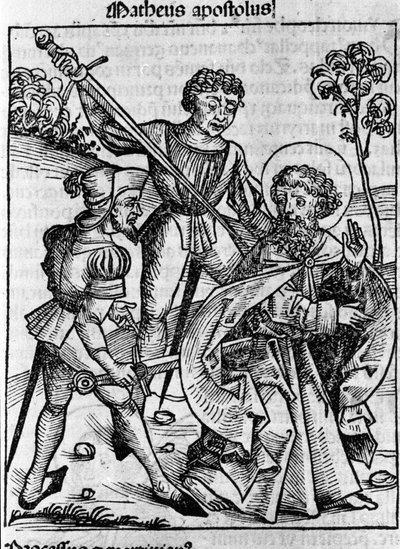 福音传教士圣马太的代表。 Hartmann Schedel 1493 年雕刻的“Liberchronarum”（纽伦堡编年史） 作者 哈特曼·谢德尔（Hartmann Schedel）