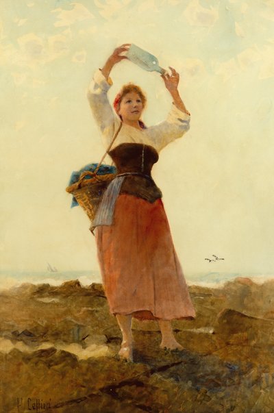 拿着瓶子的女孩（水彩画） 作者 赫克托·卡菲里（Hector Caffieri）