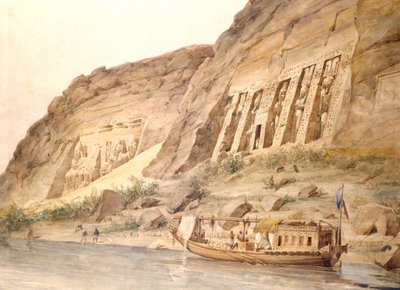 从尼罗河上看阿布辛贝勒。Hector Horeau（1801-1872 年），法国建筑师，水彩画。最近的是哈托尔神庙。最远的是主神庙外的拉美西斯二世（公元前 1304 年至前 1273 年在位）雕像。考古 埃及游艇 作者 赫克托·赫劳