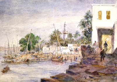 埃及阿斯旺风景"。Hector Horeau（1801-1872 年），法国建筑师，水彩画。从岸边俯瞰尼罗河和船只，背景为尖塔。 作者 赫克托·赫劳