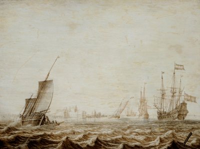 在波涛汹涌的大海中降下风帆的 Wijdschip，17 世纪中叶（木板油画） 作者 赫尔曼·威特蒙特