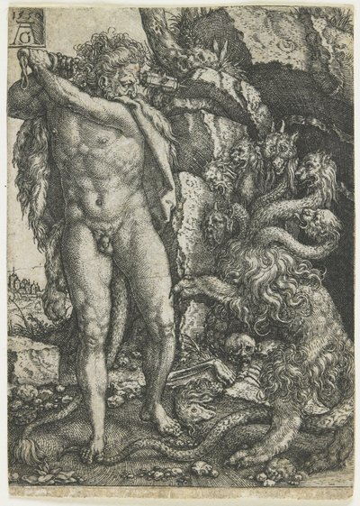赫拉克勒斯摧毁了1550年的Lernaean Hydra 作者 海因里希·阿尔德勒弗（Heinrich Aldegrever）