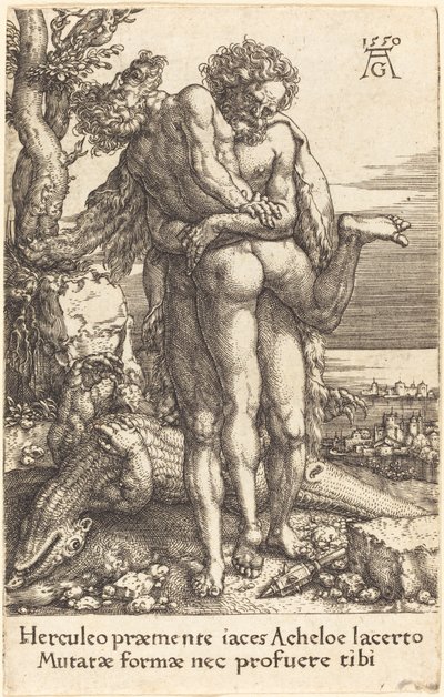 海格力斯与河神Achelus的战斗，1550年。 作者 海因里希·阿尔德勒弗（Heinrich Aldegrever）