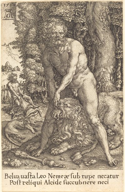 赫拉克勒斯杀死尼米亚的狮子，1550年。 作者 海因里希·阿尔德勒弗（Heinrich Aldegrever）