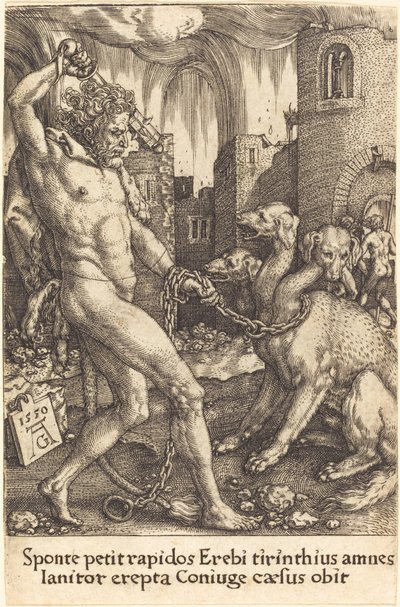 海格力斯和刻耳柏洛斯，1550年。 作者 海因里希·阿尔德勒弗（Heinrich Aldegrever）