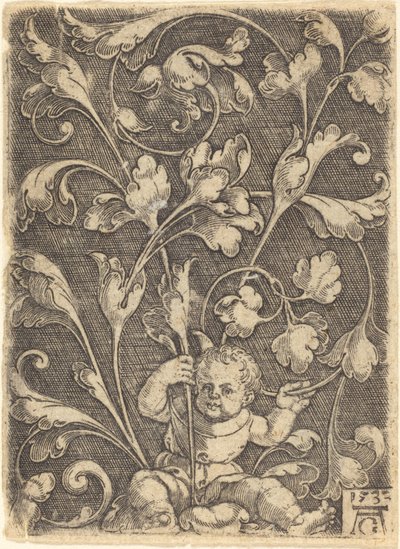 带坐姿儿童的卷轴装饰，1532年。 作者 海因里希·阿尔德勒弗（Heinrich Aldegrever）