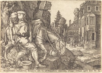 好心的撒玛利亚人把旅行者放在骡子上 作者 海因里希·阿尔德勒弗（Heinrich Aldegrever）