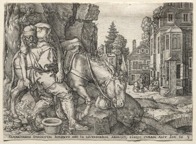 好撒玛利亚人的寓言：好撒玛利亚人把旅行者放在驴上，1554年。 作者 海因里希·阿尔德勒弗（Heinrich Aldegrever）