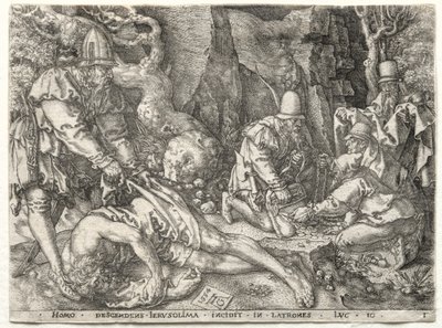 好撒玛利亚人的寓言：强盗袭击旅行者，1554年。 作者 海因里希·阿尔德勒弗（Heinrich Aldegrever）