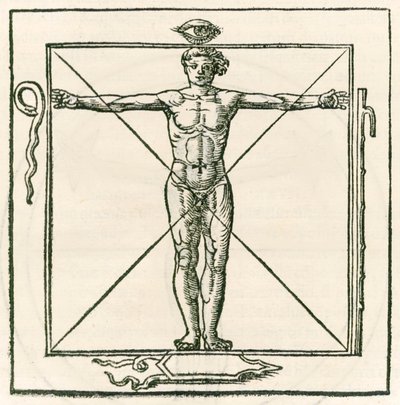 男子在一个广场包围的眼睛，蛇，七节工作人员和盾牌的符号。雕刻自Heinrich Cornelius Agrippa von Nettesheim（1486-1535）De occulta philosophia libri tres（Three B） 作者 内特斯海姆的海因里希·科尼利厄斯·阿格里帕
