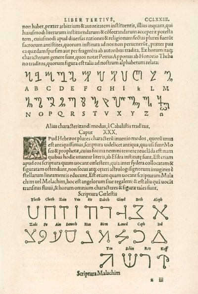 Theban字母表（Honorian字母表或Honorius符文）和Celestial Alphabet（Scriptura Malachim或Angelic Script）雕刻自Heinrich Cornelius Agrippa von Nettesheim（1486-1535）De occul 作者 内特斯海姆的海因里希·科尼利厄斯·阿格里帕