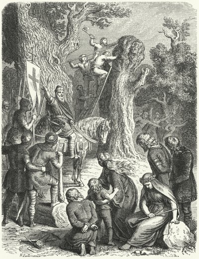查理曼大帝下令砍伐 Irmensaule，撒克逊人的神圣橡树，772（雕刻） 作者 海因里希·勒特曼