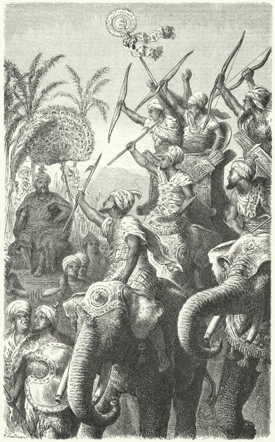 Pauravas 之王 Porus，回顾他的战象（雕刻） 作者 海因里希·勒特曼