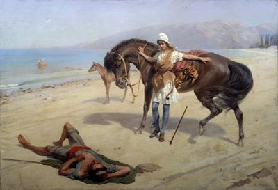 亚马逊一名亚马逊妇女在岸边发现了一名熟睡的水手。画家 Heinrich Genrich Matveyevich Maniser（1847-1925 年），布面油画。俄罗斯艺术，20 世纪。鄂木斯克 M. Vrubel 地区艺术博物馆（俄罗斯） 作者 海因里希·马特维耶维奇