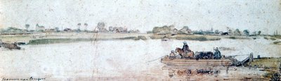 与绳索轮渡的河风景，17世纪初。 作者 亨德里克·阿弗坎普