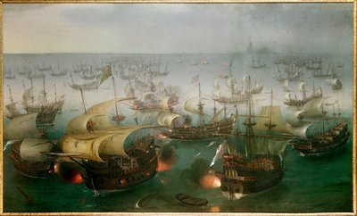 无敌的无敌舰队对抗英国舰队。"与无敌舰队战斗的第七天，1588年8月7日"，亨德里克-科内利斯-弗鲁姆（1566-1640）的画作。 作者 亨德里克·科内利斯。房间