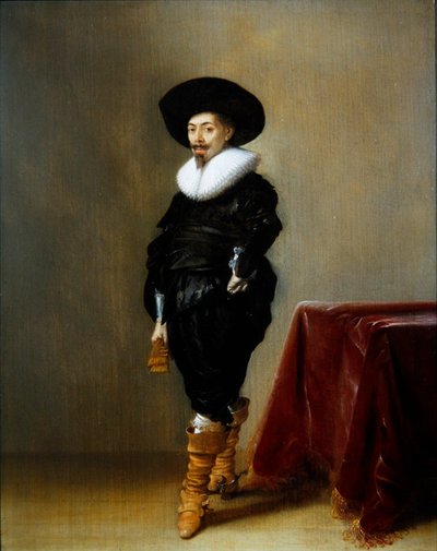 穿着黑色服装、戴着围脖的绅士画像（板上油画） 作者 Hendrick Gerritsz锅