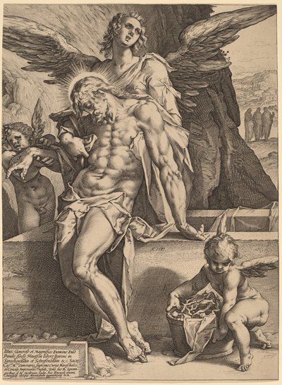 由天使支持的基督身体 作者 Hendrick Goltzius，仿照 Bartholomaeus Spranger
