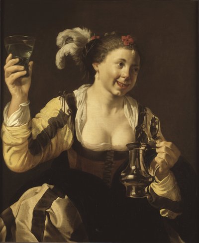 Une fille tenat un verre ( le gout, serie des cinq sens) - 《拿着玻璃杯的女孩（味觉。选自 "五感 "系列）》，作者特布鲁根、亨德里克-扬斯（1588-1629 年）。布面油画 作者 亨德里克·詹斯·特布鲁根