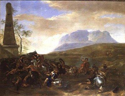 在广阔的景观中的方尖碑旁的小规模战斗 作者 亨德里克·范舒灵（Hendrick Verschuring）