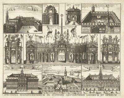 印有十幅红衣主教费迪南德进入安特卫普的图画的纸张，1635 年
Specimina magnificentiorum in civitate Antverpiensi locorum et operum（物上标题） 作者 亨德里克·考瑟（HendrikCausé）