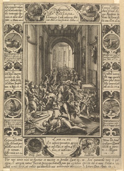 纠纷在教会出现在教堂，长约1578。 作者 亨德里克·古尔齐乌斯（Hendrik Goltzius）