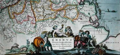 莱茵河航线地图的插图，出自《世界新剧院》，阿姆斯特丹1639年（彩色雕刻）。 作者 亨德里克·洪都斯