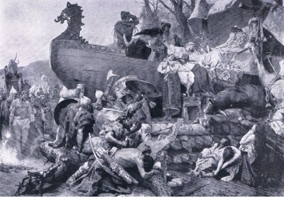 俄罗斯东部一位酋长的火葬 - 10 世纪，来自 Gresham Publishing Co 出版的 Landmarks in European History 的插图，约 1920 年（石版印刷） 作者 亨里克·谢米拉兹基