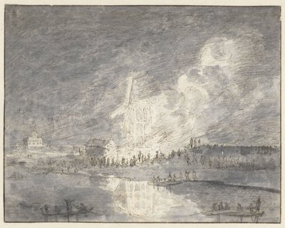 约 1710 年 Muiderdijk 河上磨坊的火灾 作者 亨德里克·斯皮尔曼