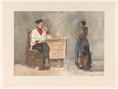 吸烟的水手、带轭和牛奶桶的女人 作者 亨德里克·法肯堡