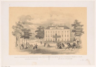 1850 年左右从海牙多德雷赫特大厦 Tournooiveld 观看的景色
从 Tournooiveld 俯瞰仁慈的领主 H. I. Caan 先生的宅邸（标题在实物上） 作者 Hendrik Wilhelmus Last（归因于）
