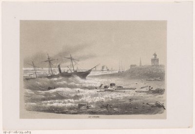1860 年 5 月 28 日风暴期间在海滩附近遇险的船只
海滩（标题在实物上）
描绘 1860 年 5 月 28 日暴风雨在海牙博斯克造成的破坏场景的十幅石版画素描相册 作者 亨德里克·威廉姆斯最后