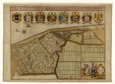 Hondsbossche 海堤和 Petten 附近沙丘的地图
Dykgraaf en hoogheemraetschap der Zeeweeringen van den Hondsbossche en Duynen tot Petten（标题见实物） 作者 扬·斯普鲁伊滕伯格