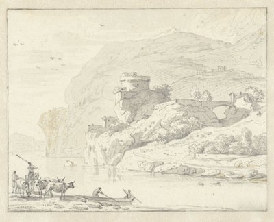 意大利式山景，牧人和牛群，以及两个乘船渡河的人物 作者 Willem Schellinks（拒绝归因）