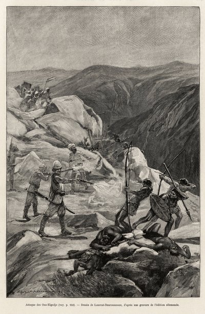 Oua-Elgedjo attack. Engraving by Laurent Desrousseaux to illustrate the story “” Au secours d