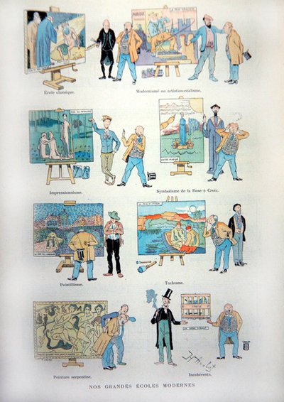 嘲笑19世纪末各种现代艺术和绘画流派的漫画，来自《画报》。 作者 亨利·阿夫洛特（Henri Avelot）