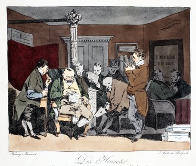 十个小时，来自Henri Monnier的“行政事务，自然绘制”的插图，由Delpech，酒吧进行平版印刷。巴黎，c.1828（手工彩色光刻） 作者 亨利·邦纳维特·蒙尼尔