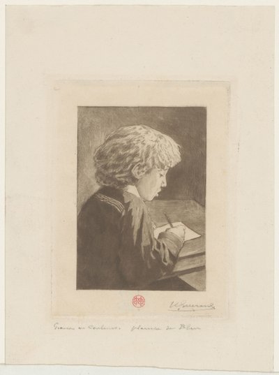 写作男孩 作者 Henri Charles Guérard（艺术家签名）