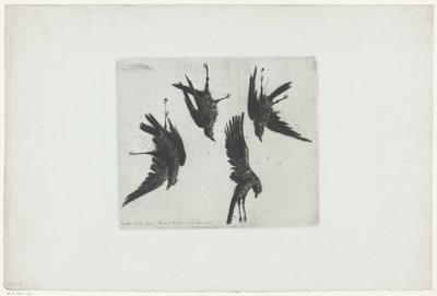 墙上挂着四只死乌鸦 作者 Henri Charles Guérard（艺术家签名）