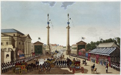 1814年5月3日向路易十八交接钥匙时的圣丹尼斯屏障--见库瓦西埃1827年的《巴黎风光》。 作者 亨利·库沃西耶·沃辛（Henri Courvoisier-Voisin）