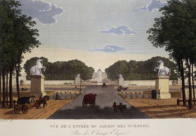 杜乐丽花园入口处的香榭丽舍大街景观，约1820年--载于库瓦西耶的《巴黎风景》。 作者 亨利·库沃西耶·沃辛（Henri Courvoisier-Voisin）