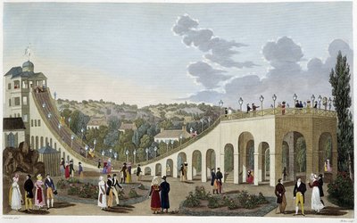 贝勒维尔山景，约1820年--载于库瓦西耶的《巴黎风景》。 作者 亨利·库沃西耶·沃辛（Henri Courvoisier-Voisin）