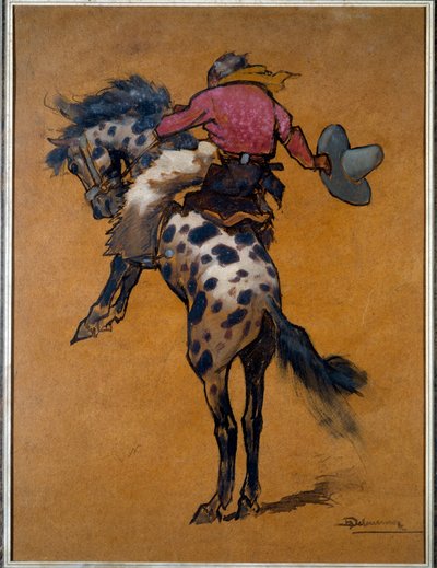 牛仔竞技表演：“骑着野马的牛童” 由 Henri Deluermoz（1876-1943 年）绘制，20 世纪拉罗谢尔，新世界博物馆 作者 亨利·德鲁莫斯