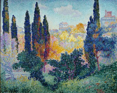 Les cypres à Cagnes 亨利-克洛斯-德拉克洛瓦(Henri Edmond Cross)(1856-1910)的画作 1908 太阳 0,81x1 m 巴黎，奥赛博物馆 作者 Henri Edmond Cross
