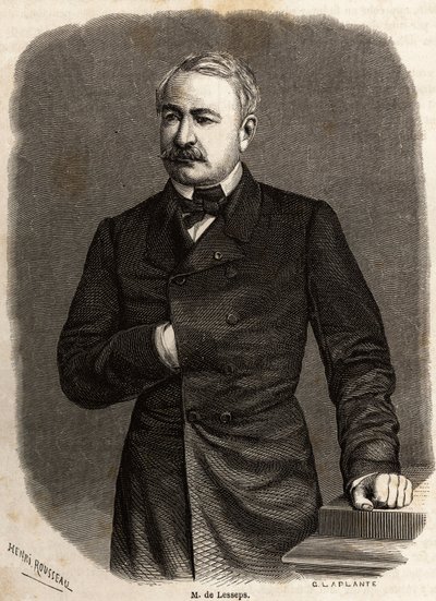 Portrait of Ferdinand de Lesseps (1805-1894) diplomat and entrepreneur, promoter of the two ambitious projects: the Canals of Suez and Panama, drawing by Henri Rousseau, to illustrate an excursion to the Suez Canal in 1862 by Paul Merruau. Engraving in “”  作者 亨利·埃米利安·卢梭（Henri Emilien Rousseau）